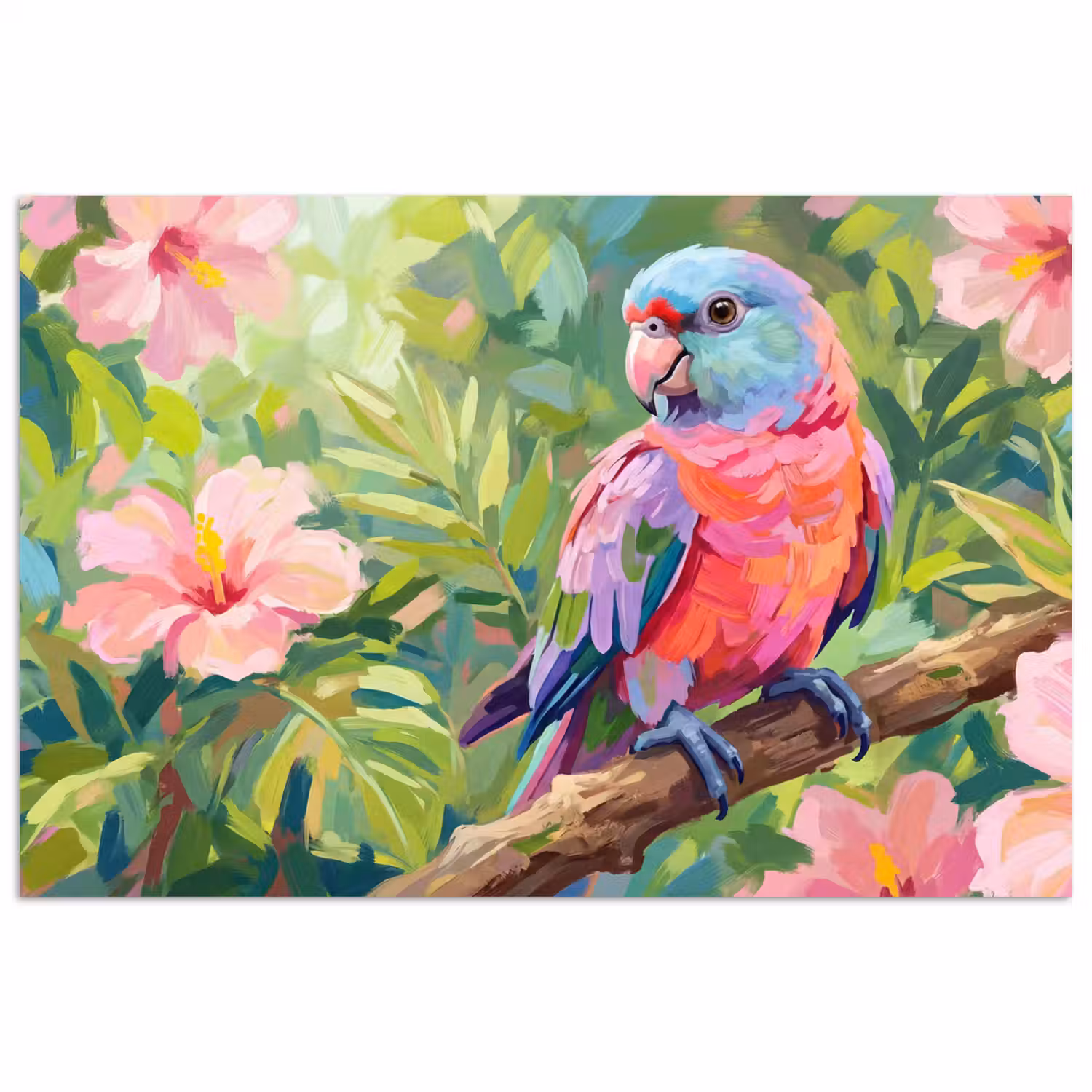 Papagaai - Hibiscusbloemen - Kleurrijk poster papier klein -3d