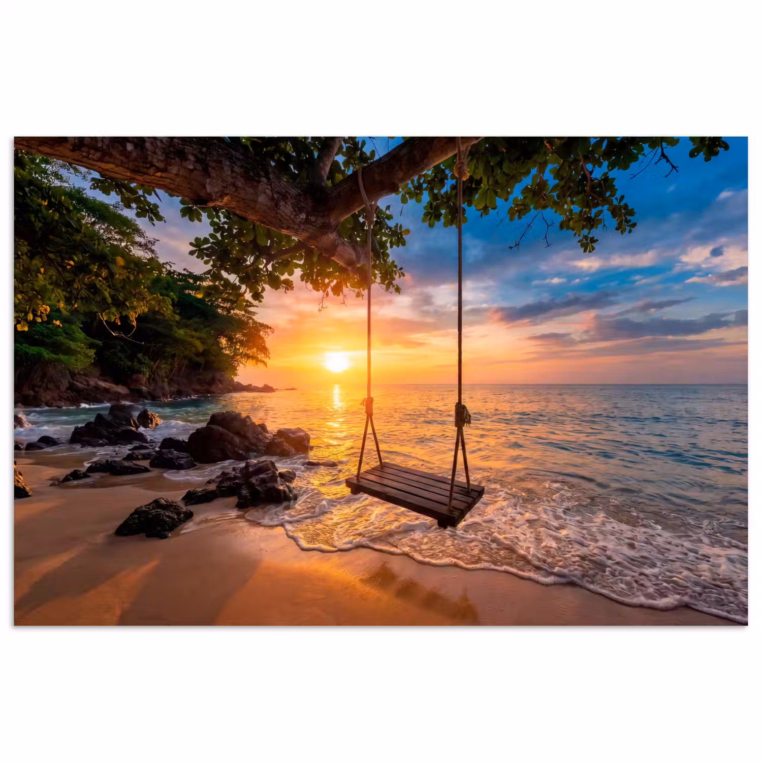 Schommel - Strand - Zonsondergang - Natuur - Oranje poster papier klein -3d