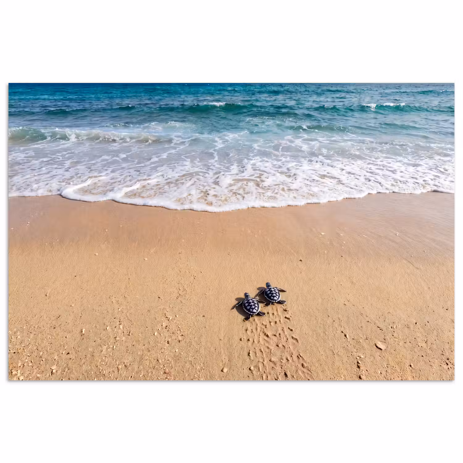 Schildpad - Jong - Strand - Oceaan - Blauw poster papier klein -3d