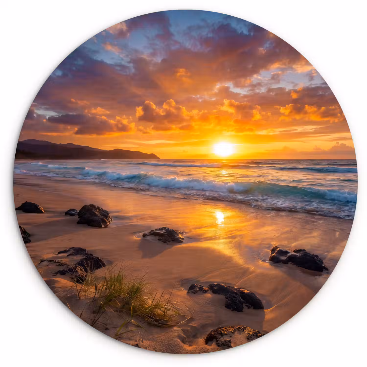 Strand - Zonsondergang - Golven - Natuur - Oranje Wandcirkel kunststof plaat 5mm dik klein -3d