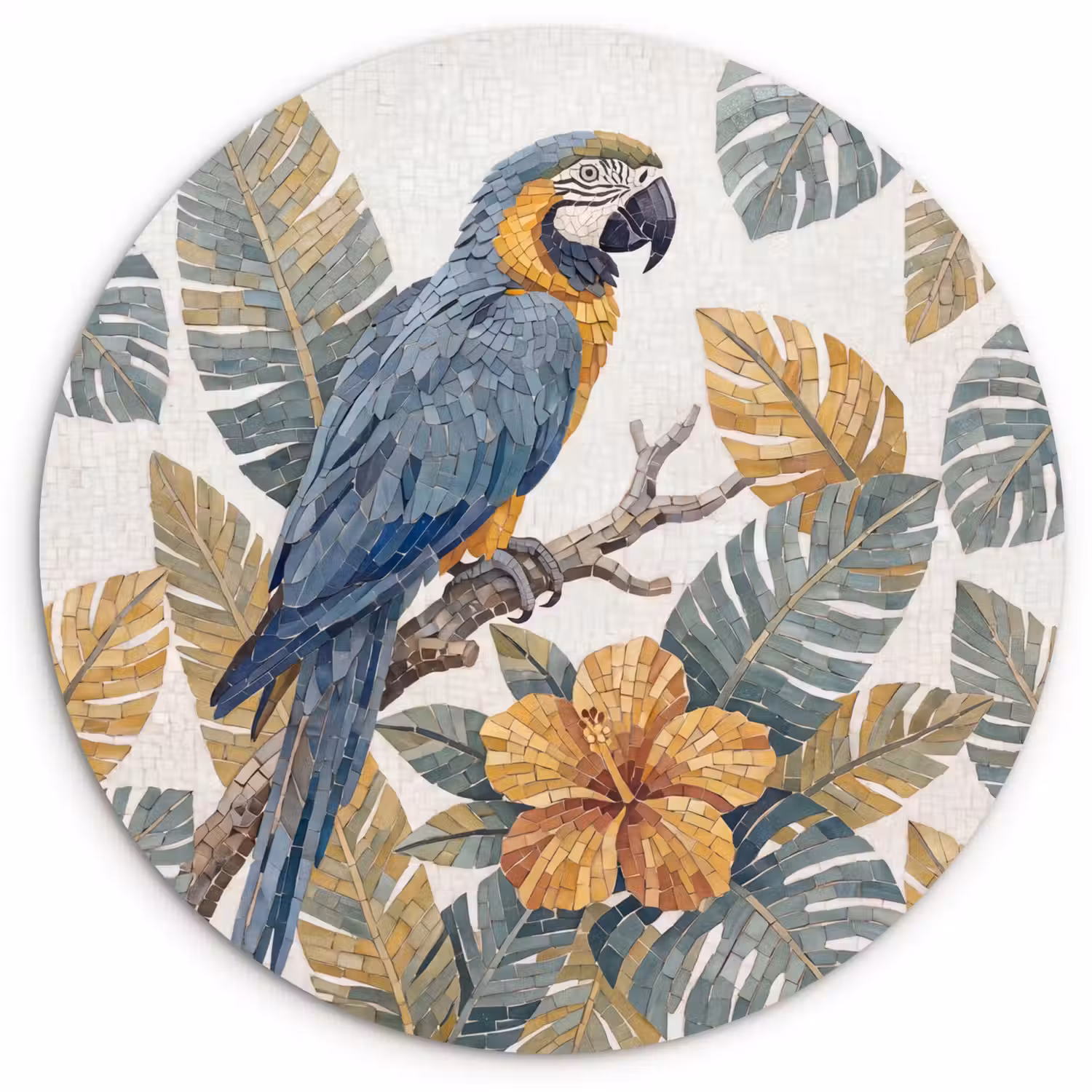 Vogel - Tak - Natuur - Mozaïek - Blauw Wandcirkel kunststof plaat 5mm dik klein -3d