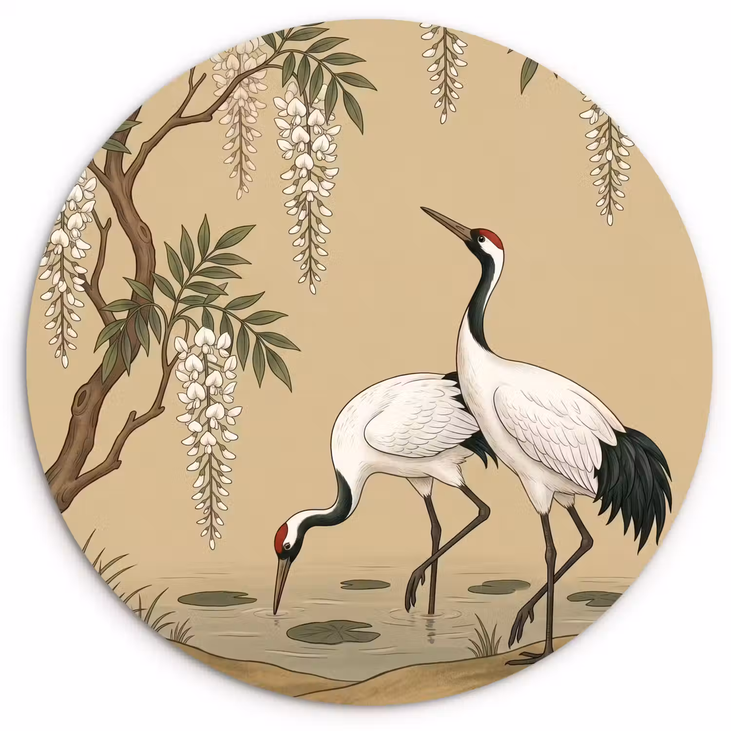 Kraanvogels - Water - Beige Wandcirkel kunststof plaat 5mm dik klein -3d