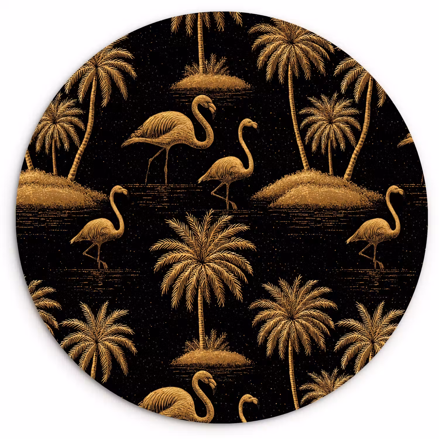 Flamingo - Palmbomen - Tropisch - Goud - Zwart Wandcirkel kunststof plaat 5mm dik klein 188 -3d