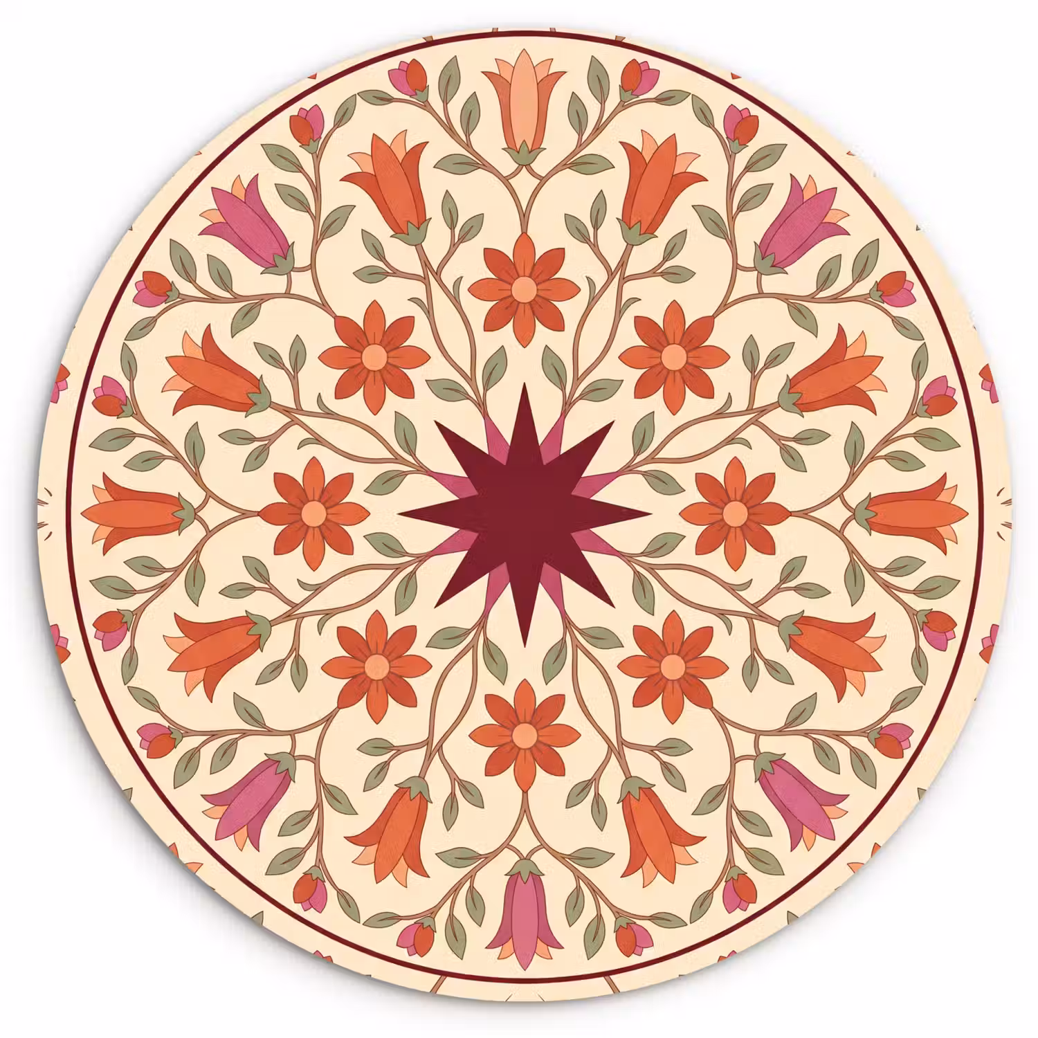 Bloemen - Mandala - Decoratief - Rood Wandcirkel kunststof plaat 5mm dik klein -3d