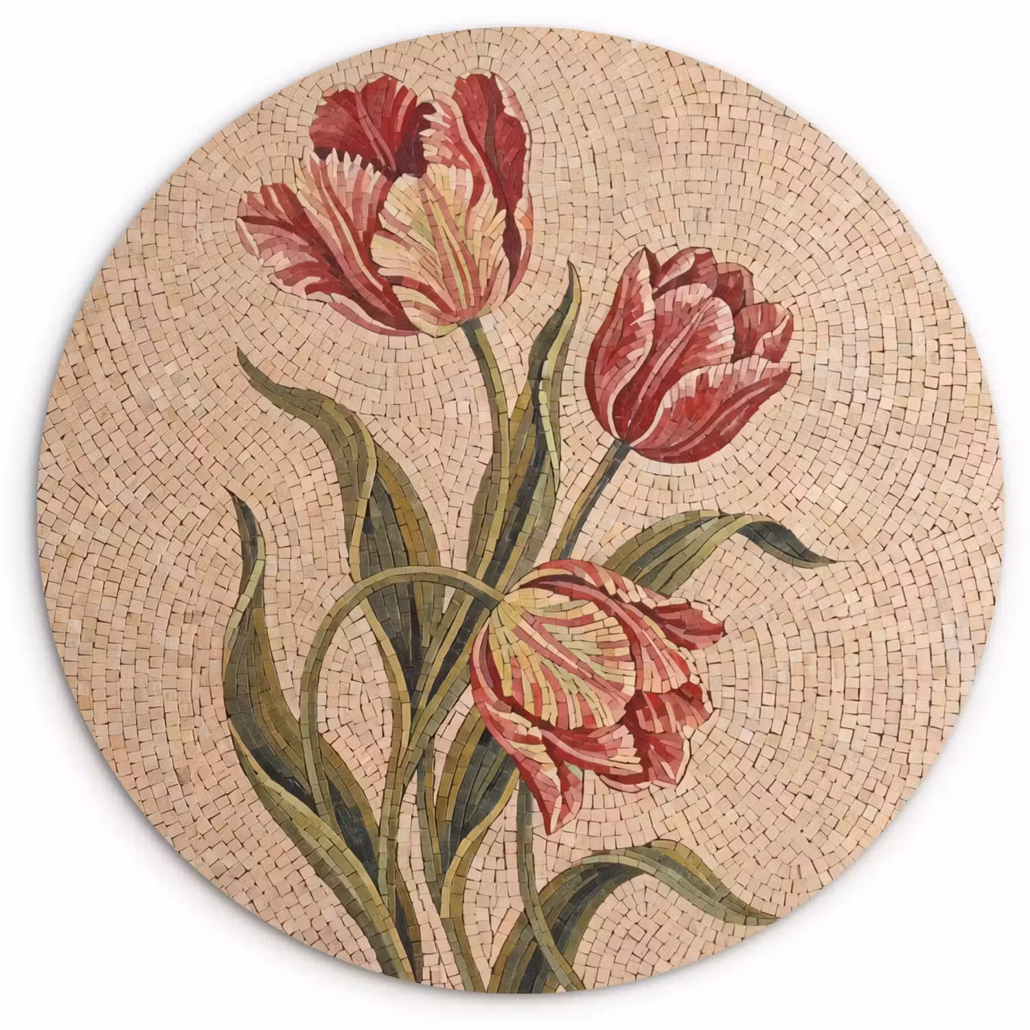 Bloemen - Mozaïek - Rood - Groen - Kunst Wandcirkel kunststof plaat 5mm dik klein -3d