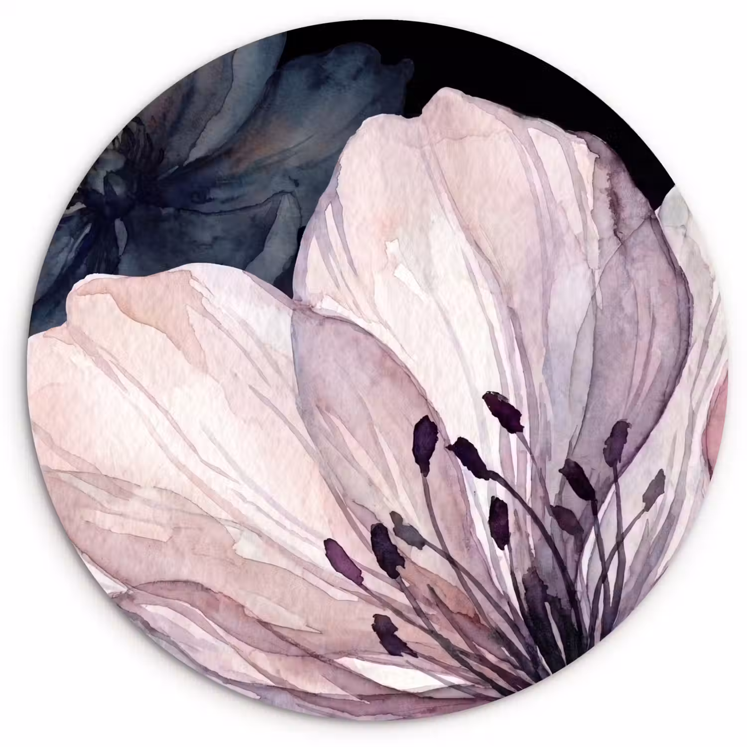 Bloemen - Aquarel - Modern - Roze - Donker Wandcirkel kunststof plaat 5mm dik klein -3d
