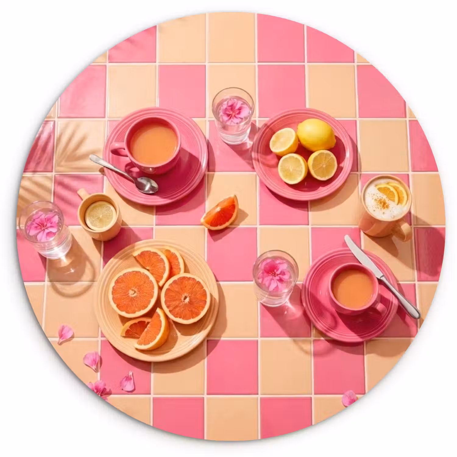 Eten - Citrusvruchten - Stillevens - Roze - Oranje Wandcirkel kunststof plaat 5mm dik klein -3d