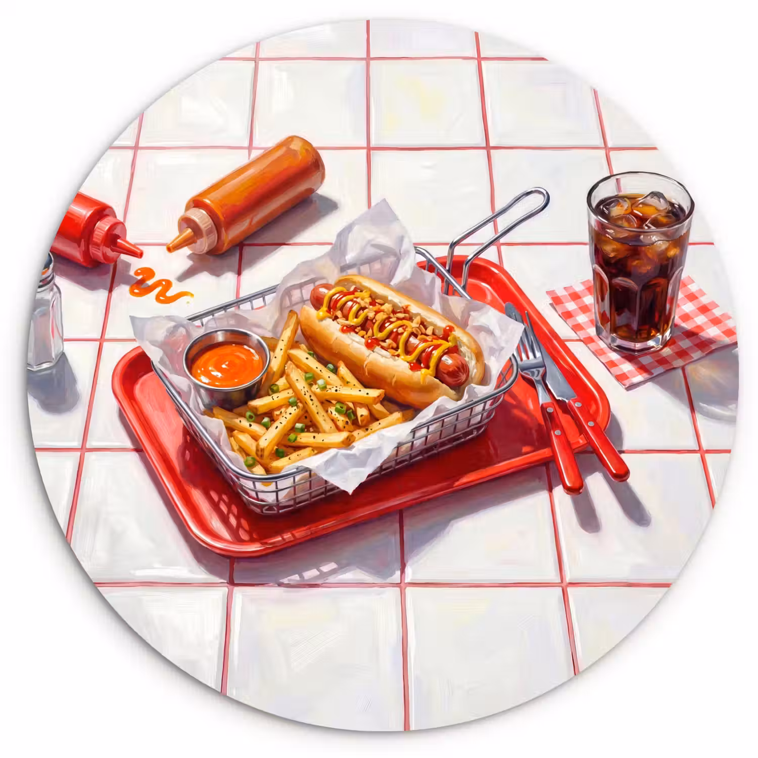 Eten - Hotdog - Fastfood - Modern - Rood Wandcirkel kunststof plaat 5mm dik klein -3d