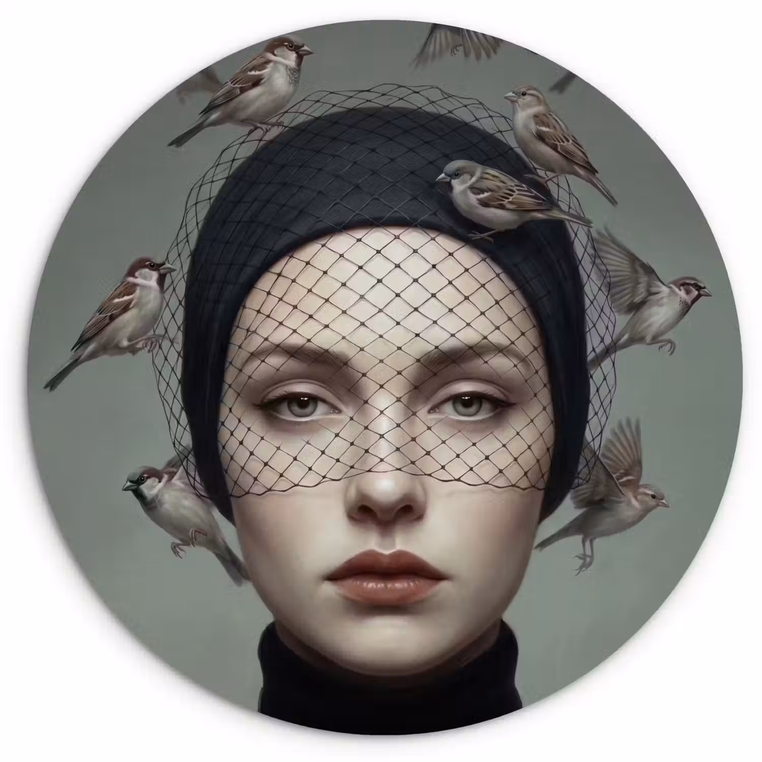 Portret - Vogels - Zwart Wandcirkel kunststof plaat 5mm dik klein -3d