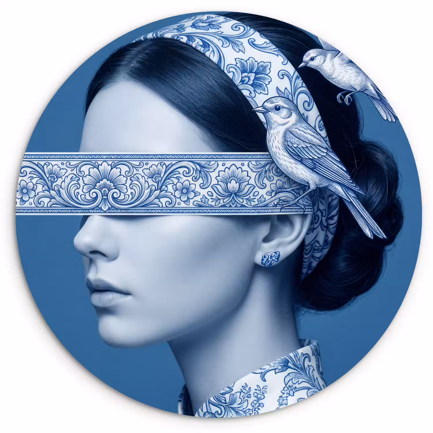 Portret - Klassiek - Wit - Blauw Wandcirkel kunststof plaat 5mm dik klein -3d