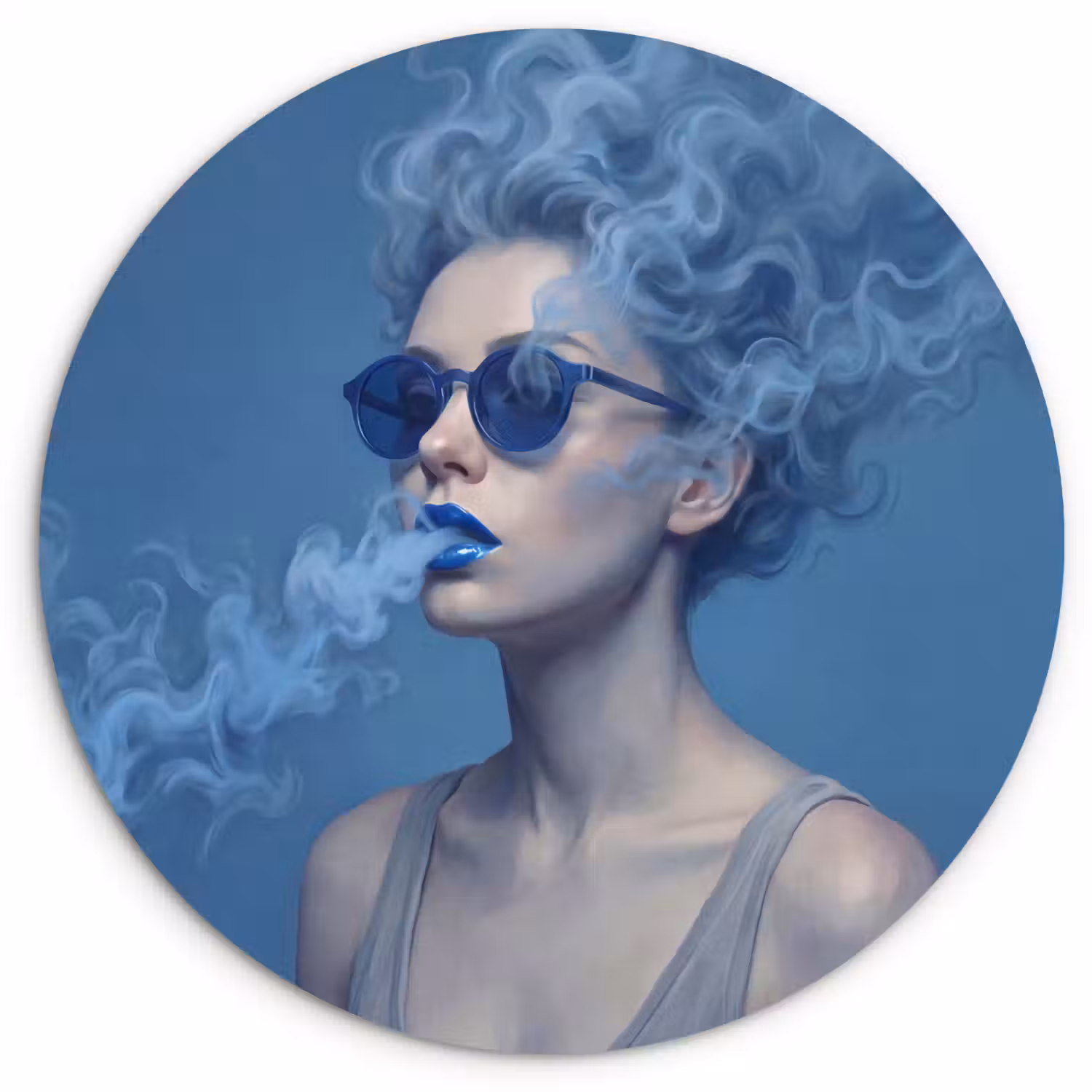 Portret - Zonnebril - Rook - Abstract - Blauw Wandcirkel kunststof plaat 5mm dik klein -3d