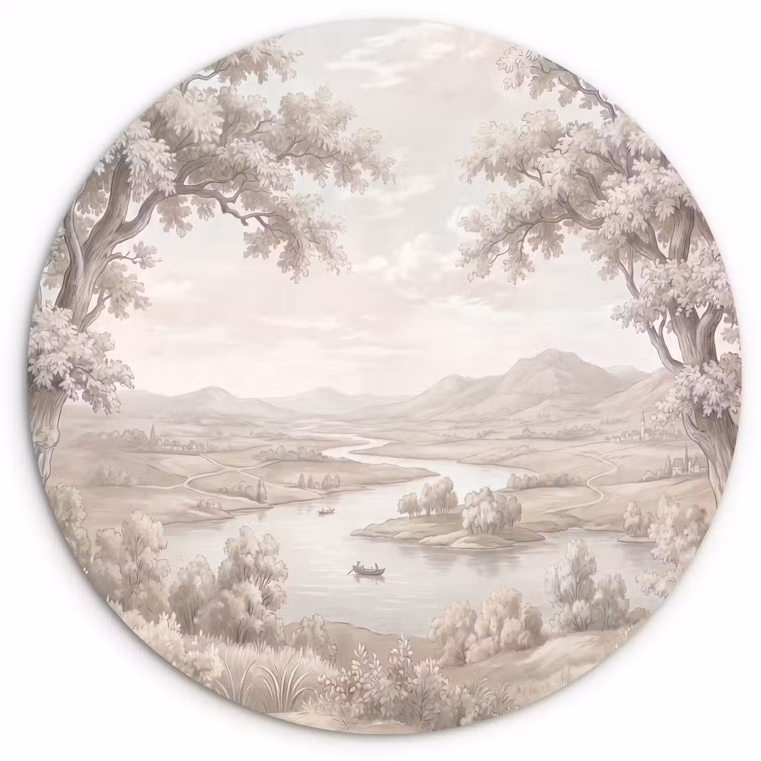 Rivierlandschap - Bergen - Natuur - Vintage - Beige Wandcirkel kunststof plaat 5mm dik klein -3d