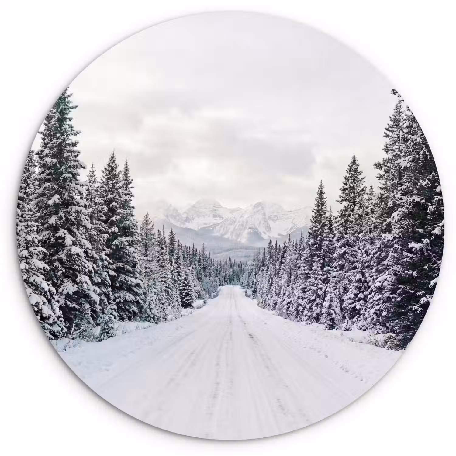 Weg - Sneeuw - Naaldbos - Winter - Avontuurlijk Wandcirkel kunststof plaat 5mm dik klein -3d