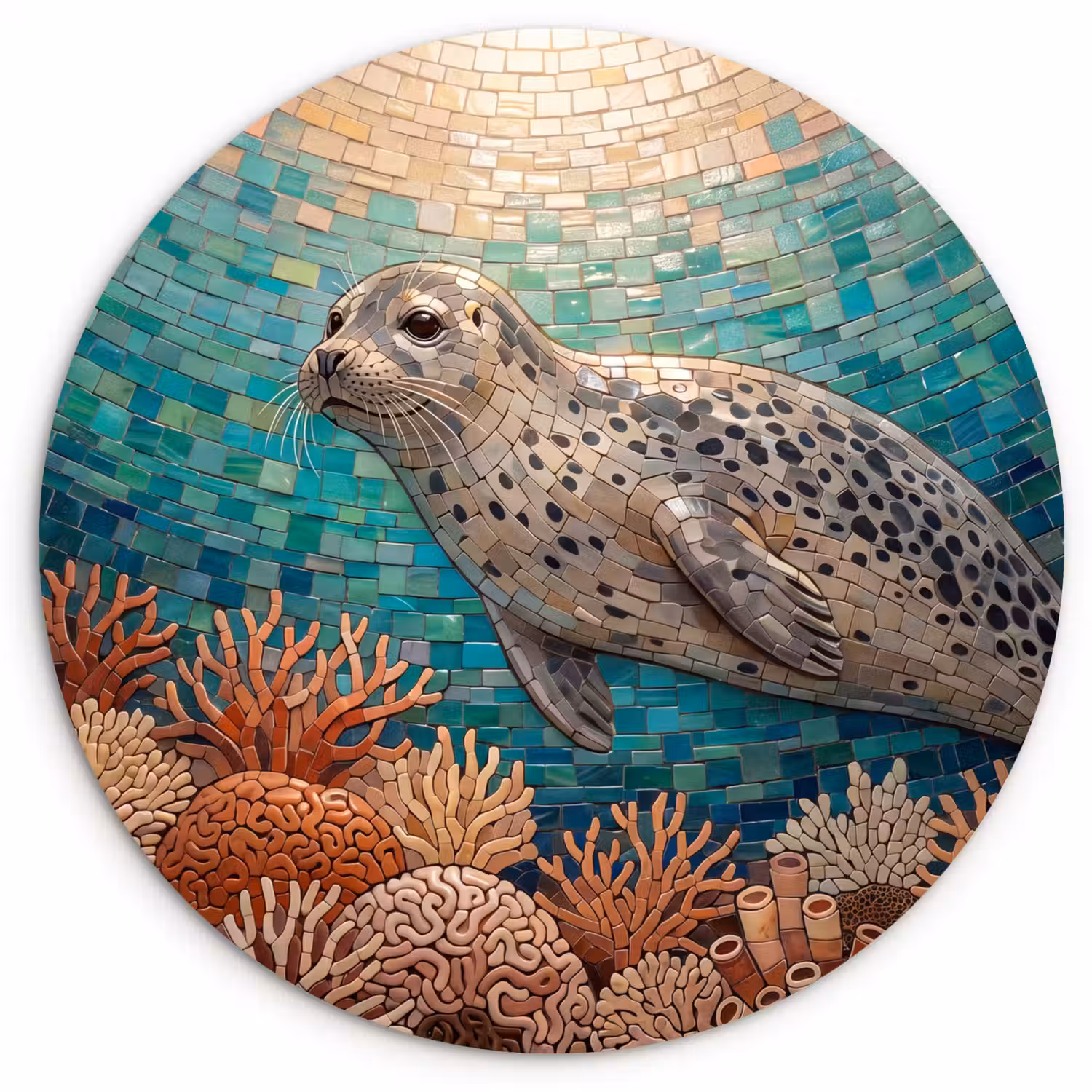 Zeehond - Mozaïek - Onderwater - Dieren - Blauw Wandcirkel kunststof plaat 5mm dik klein -3d
