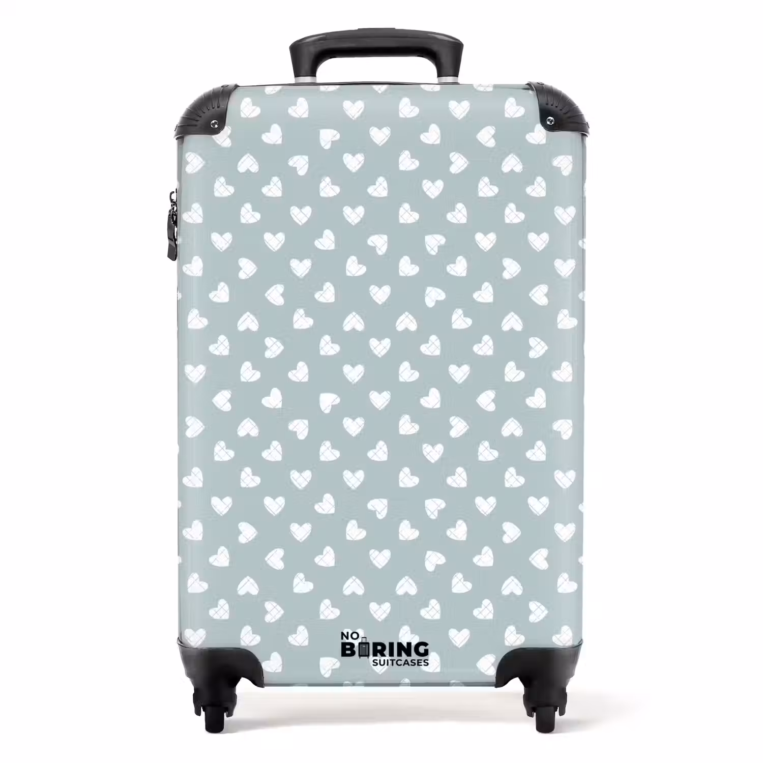 Grijsgroene achtergrond met witte hartjes NBS - Handbagage koffer - Volwassenen Unisex middel -productfoto_recht