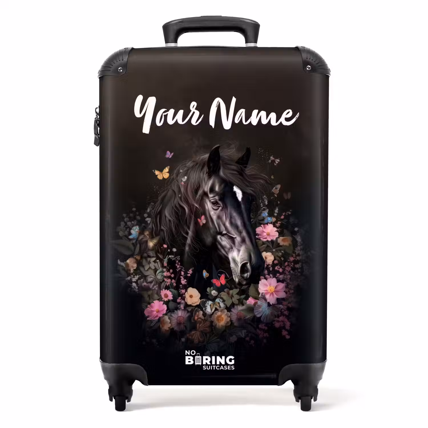 Zwart paard met witte bles en kleurrijke bloemen NBS - Handbagage koffer - Kinderen Unisex middel -productfoto_recht