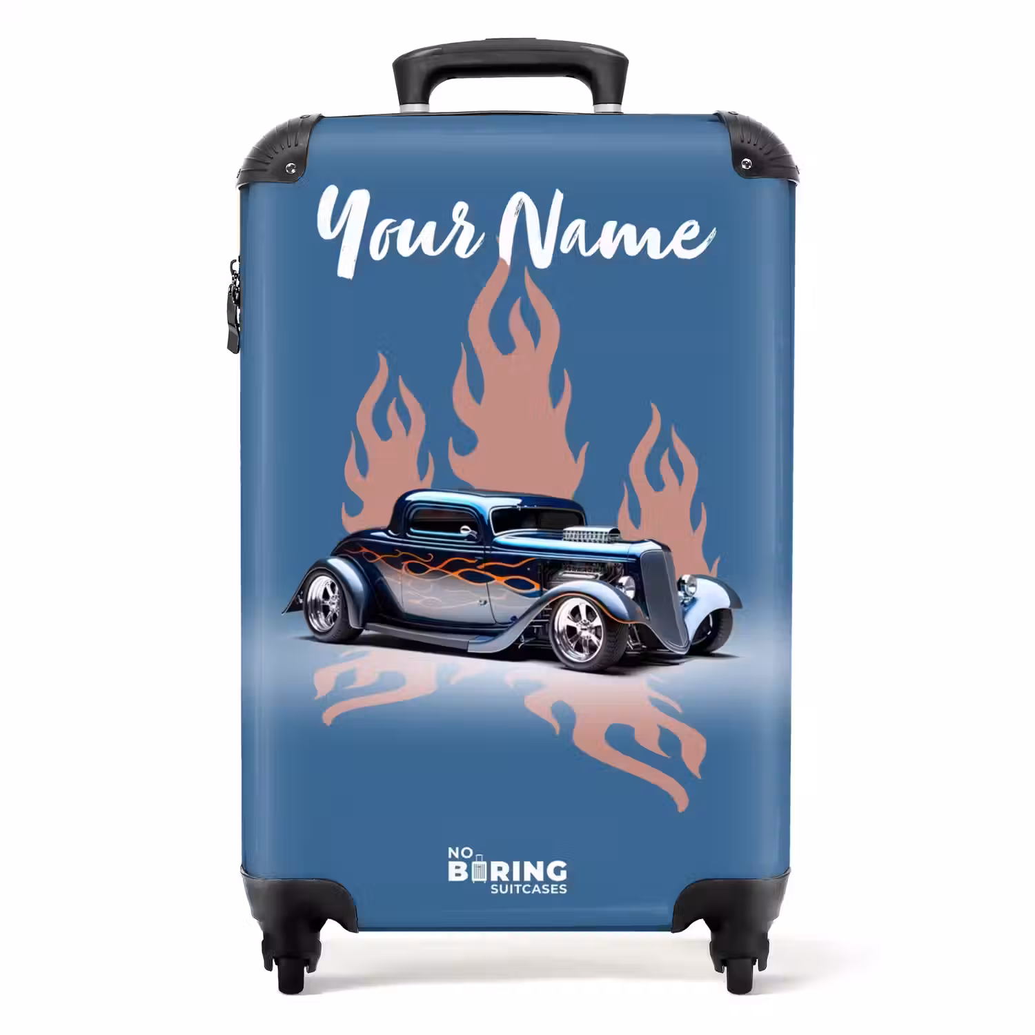 Blauwe auto met roze vlammen NBS - Handbagage koffer - Kinderen Unisex middel -productfoto_recht