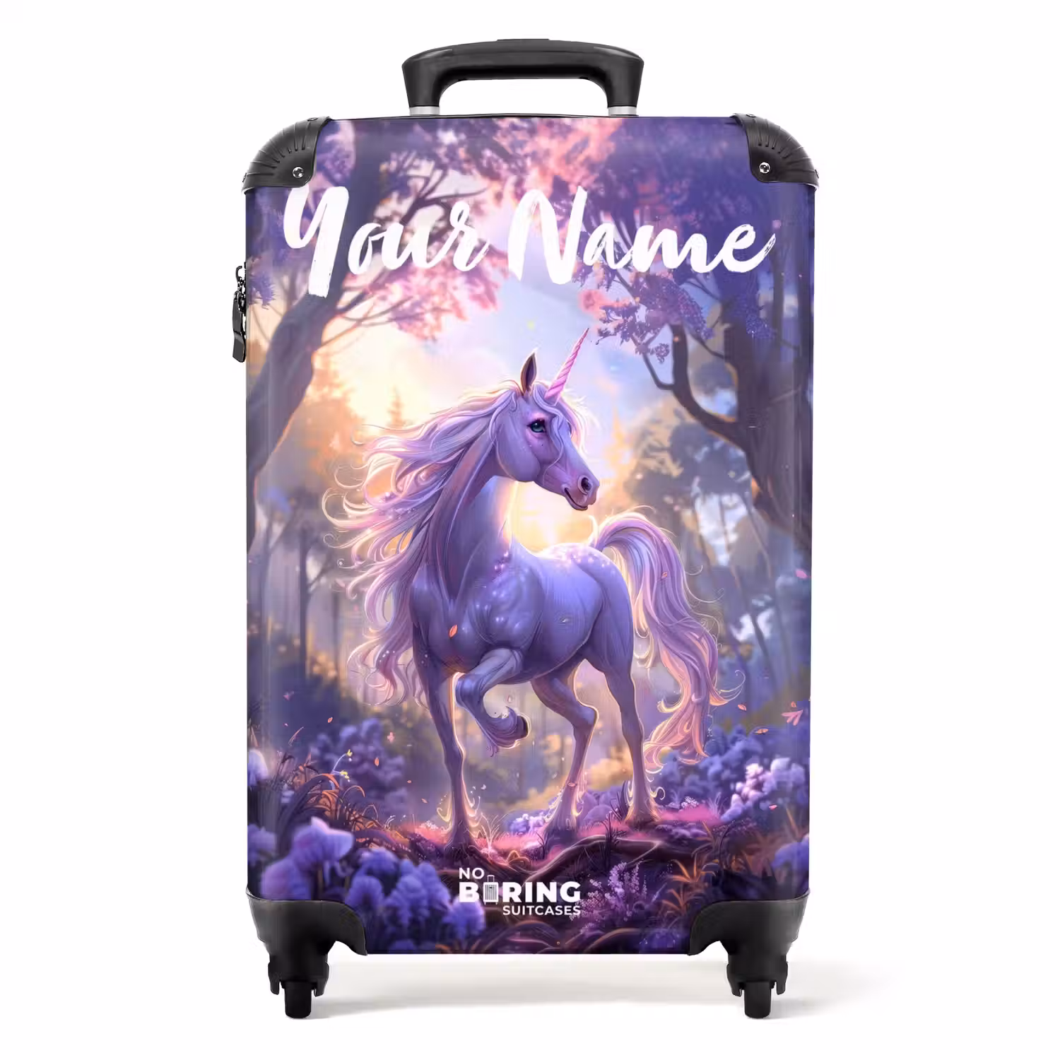 Portret van een Eenhoorn tussen Paarse Bloemen NBS - Handbagage koffer - Kinderen Unisex middel -productfoto_recht