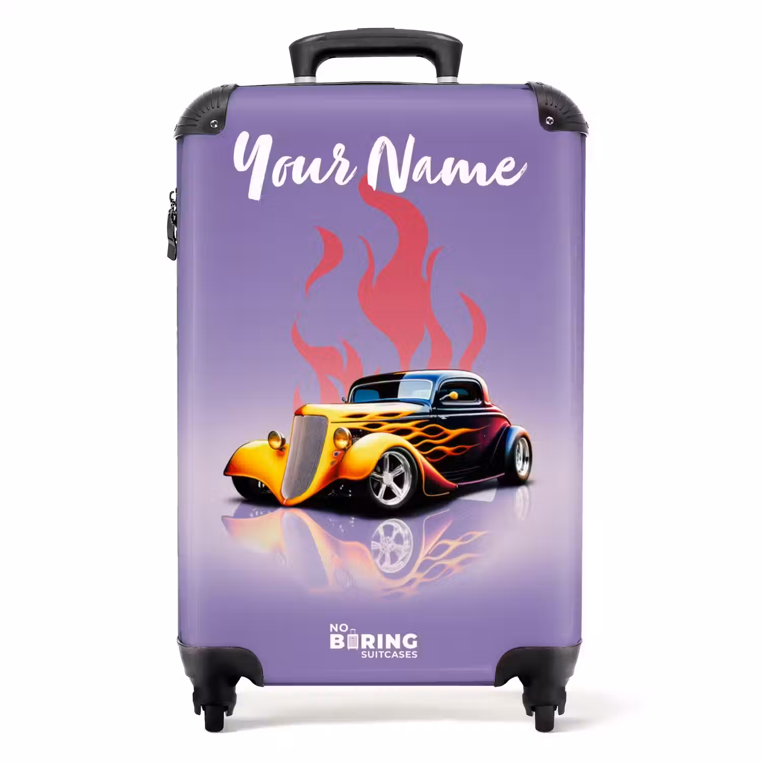 Gele auto met roze vlammen NBS - Handbagage koffer - Kinderen Unisex middel -productfoto_recht