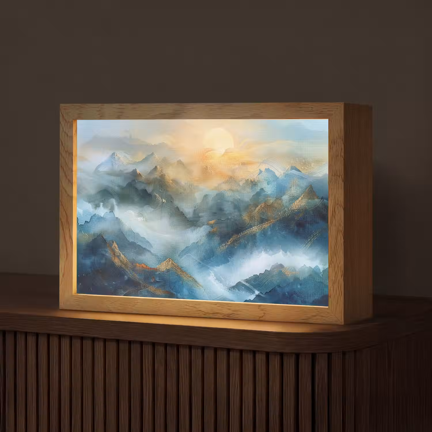Abstract - Landschap - Bergen - Blauw - Modern Light Box met kabel (Tafellamp) klein -z3d_website
