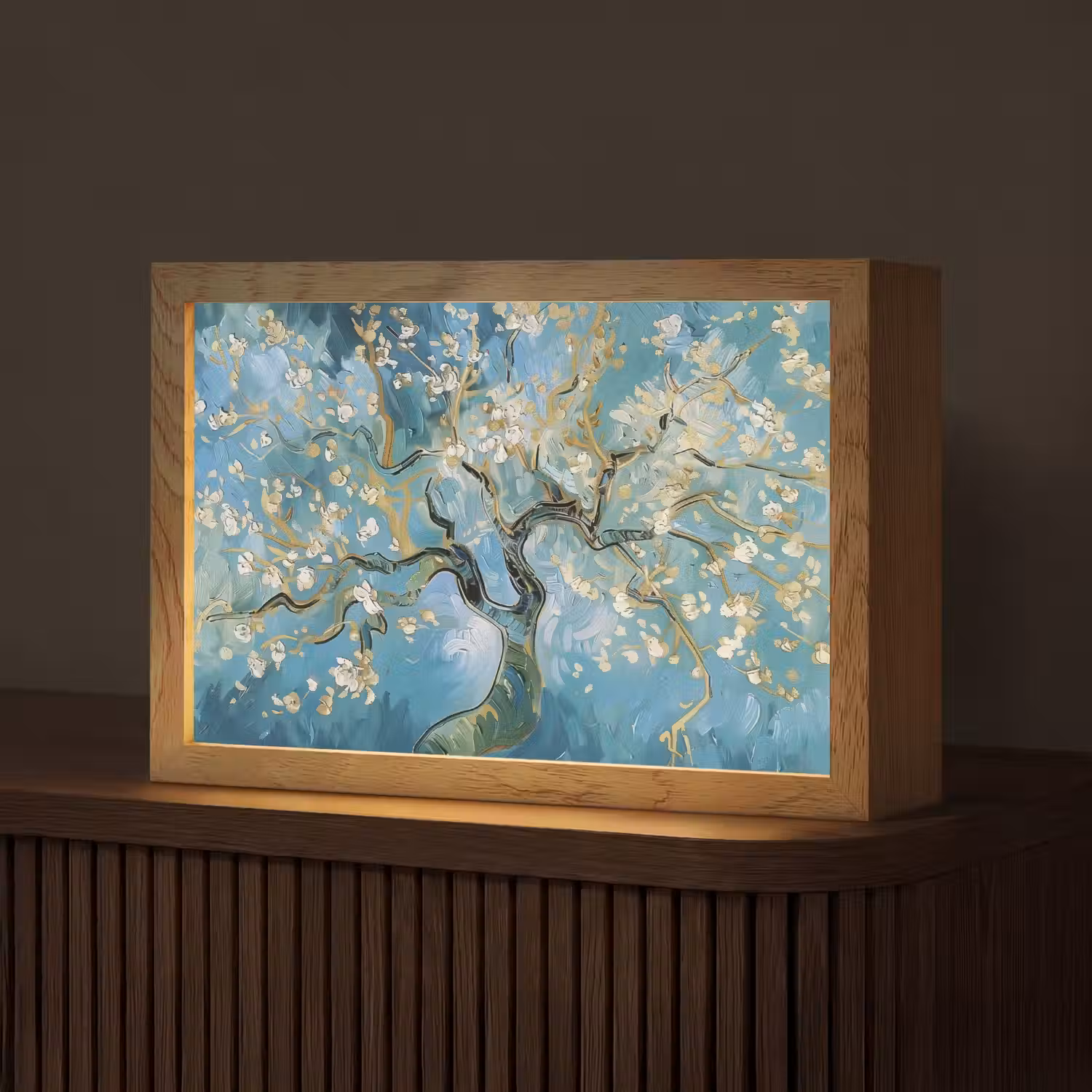 Amandelbloesem boom - Blauw - Abstract Light Box met kabel (Tafellamp) klein -z3d_website