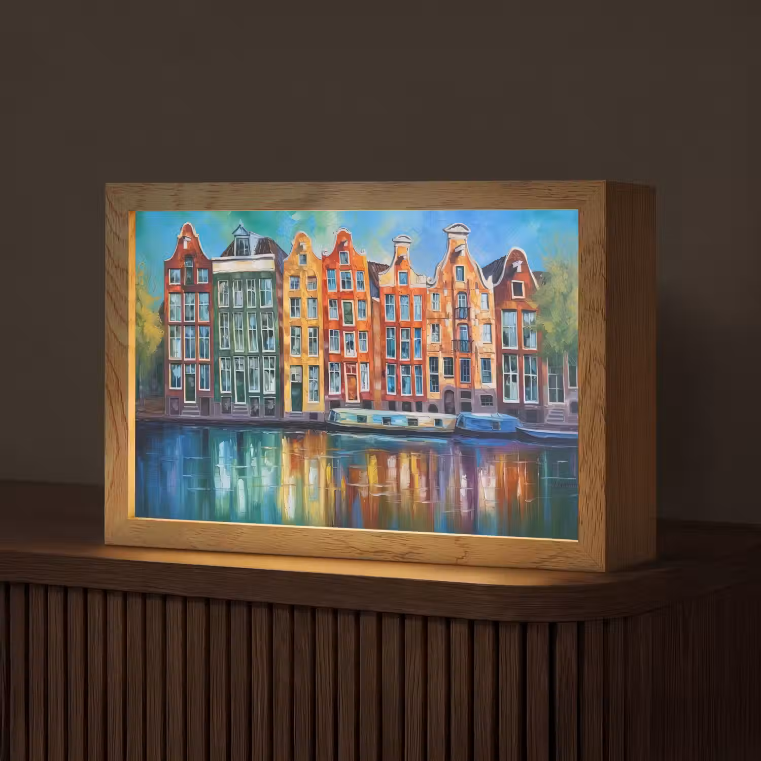 Amsterdam - Olieverf - Gracht - Schilderij - Kunst Light Box met kabel (Tafellamp) klein -z3d_website