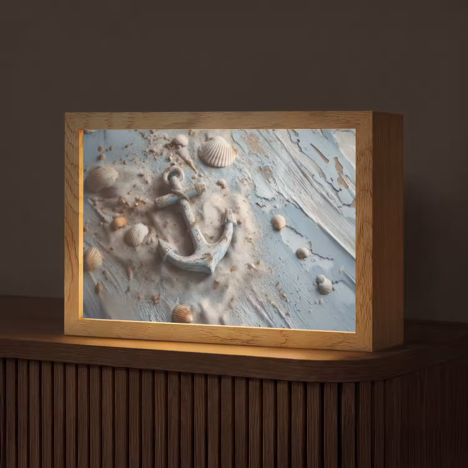 Anker - Hout - Schelpen - Zand Light Box met kabel (Tafellamp) klein -z3d_website