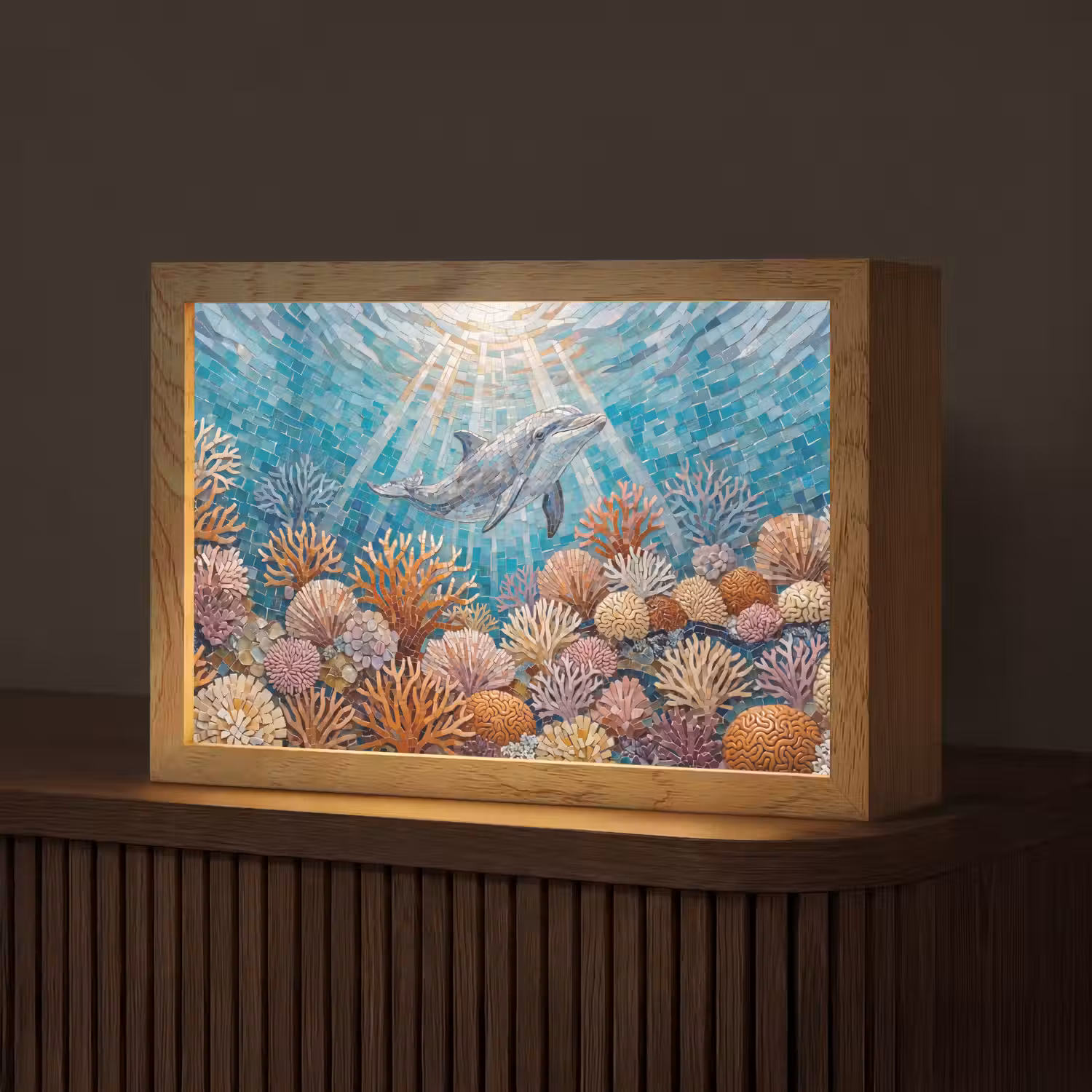 Dieren - Mozaïek - Oceaan - Koraal - Blauw Light Box met kabel (Tafellamp) klein -z3d_website