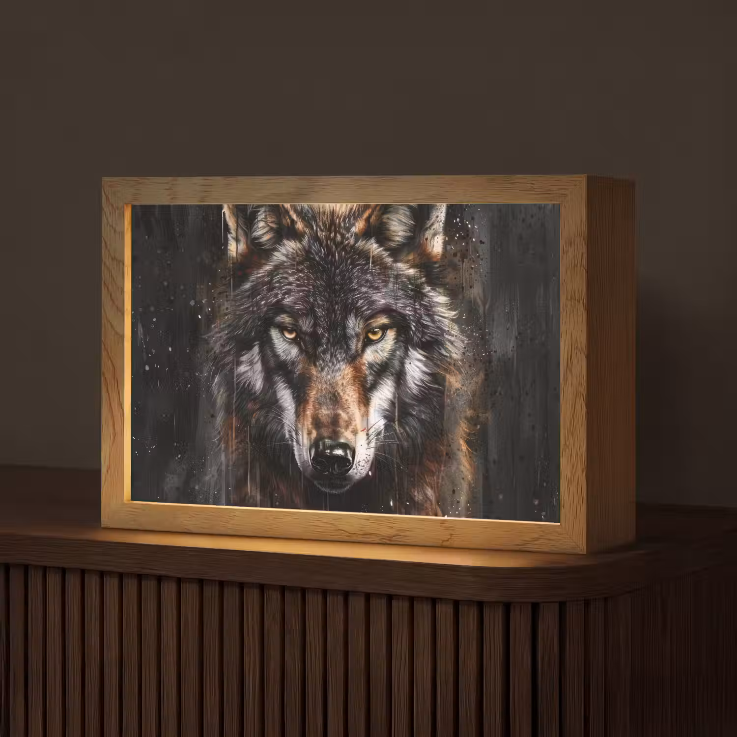 Dieren - Wolf - Portret - Zwart - Bruin Light Box met kabel (Tafellamp) klein -z3d_website
