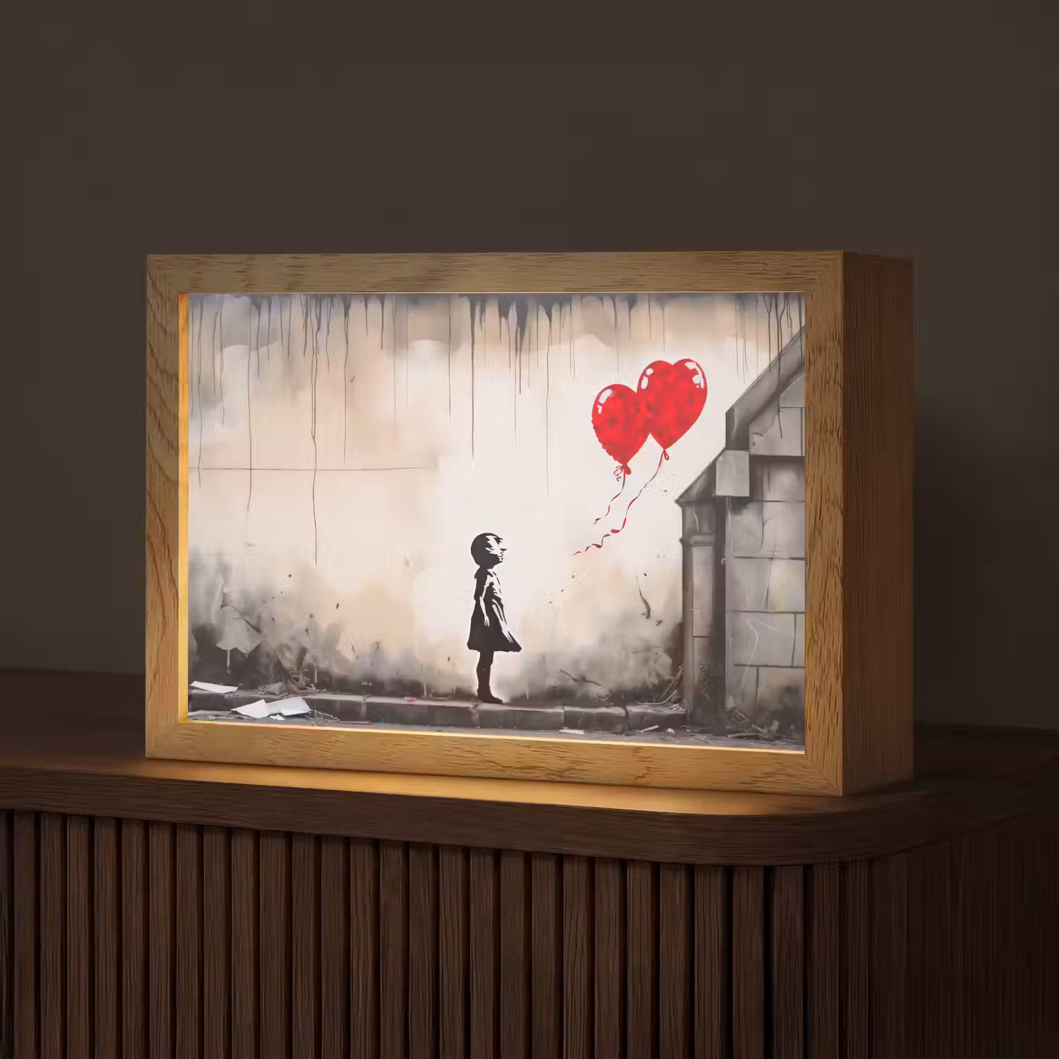 Kunst - Meisje - Ballonnen - Hart - Grijs Light Box met kabel (Tafellamp) klein -z3d_website