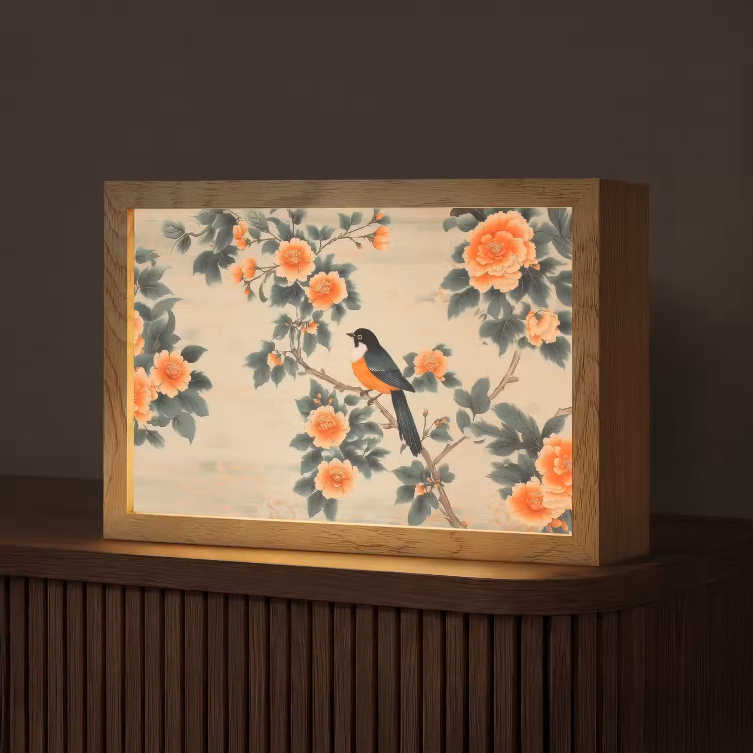 Vogel - Tak - Bloemen - Oranje Light Box met kabel (Tafellamp) klein -z3d_website