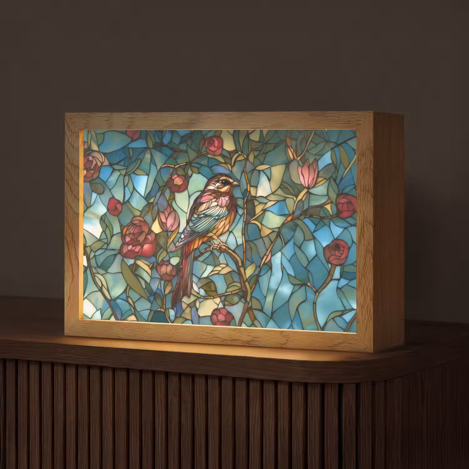 Vogel - Tak - Rozen - Mozaïek Light Box met kabel (Tafellamp) klein -z3d_website