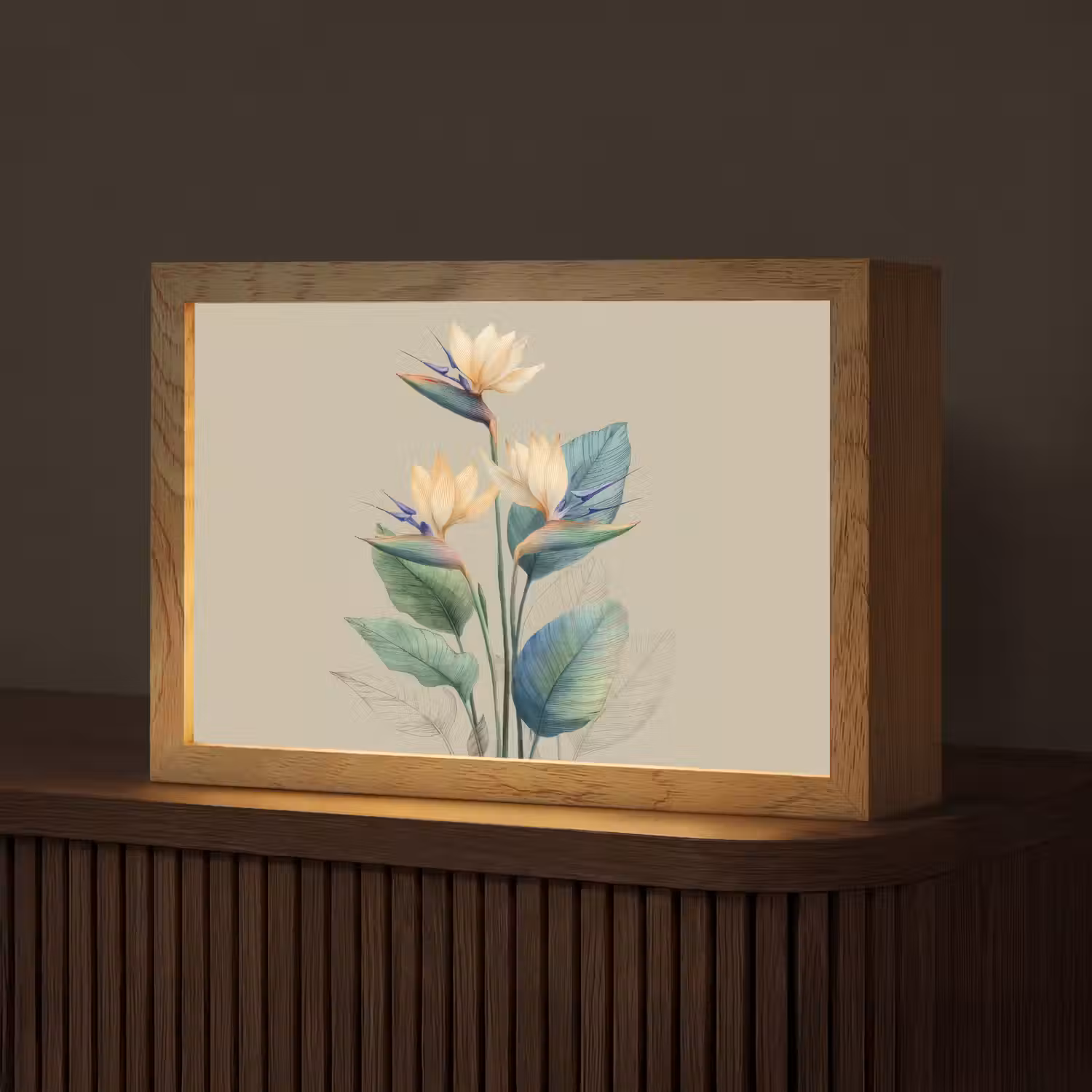 Paradijsvogelbloemen - Blauwgroene bladeren - Beige Light Box met kabel (Tafellamp) klein -z3d_website