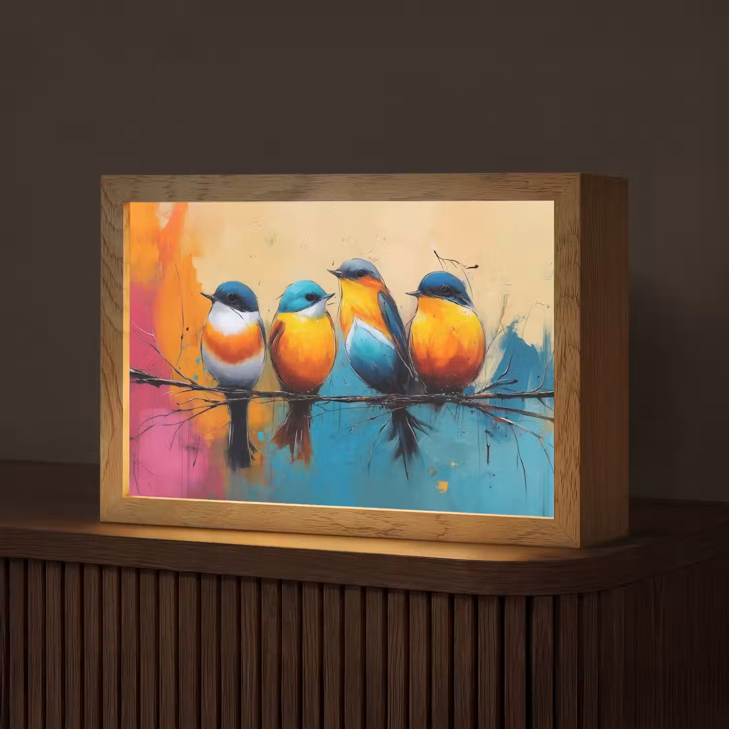 Vogels - Kleurrijk - Tak - Abstract Light Box met kabel (Tafellamp) klein -z3d_website