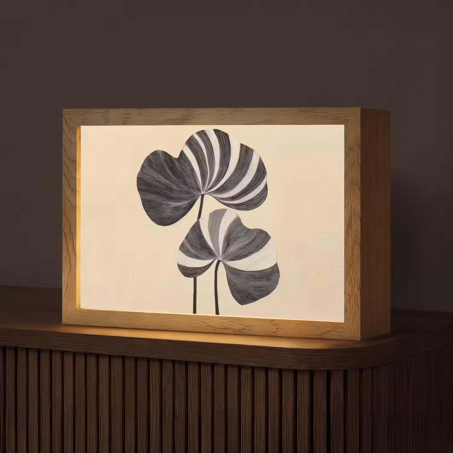 Zwart - Bladeren - Strepen - Minimalistisch Light Box met kabel (Tafellamp) klein -z3d_website