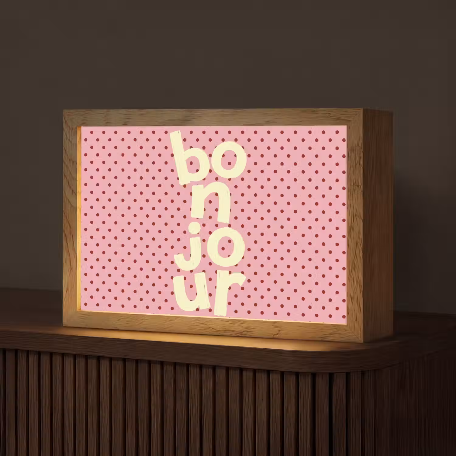 Bonjour - Stippen - Roze- Geel Light Box met kabel (Tafellamp) klein -z3d_website