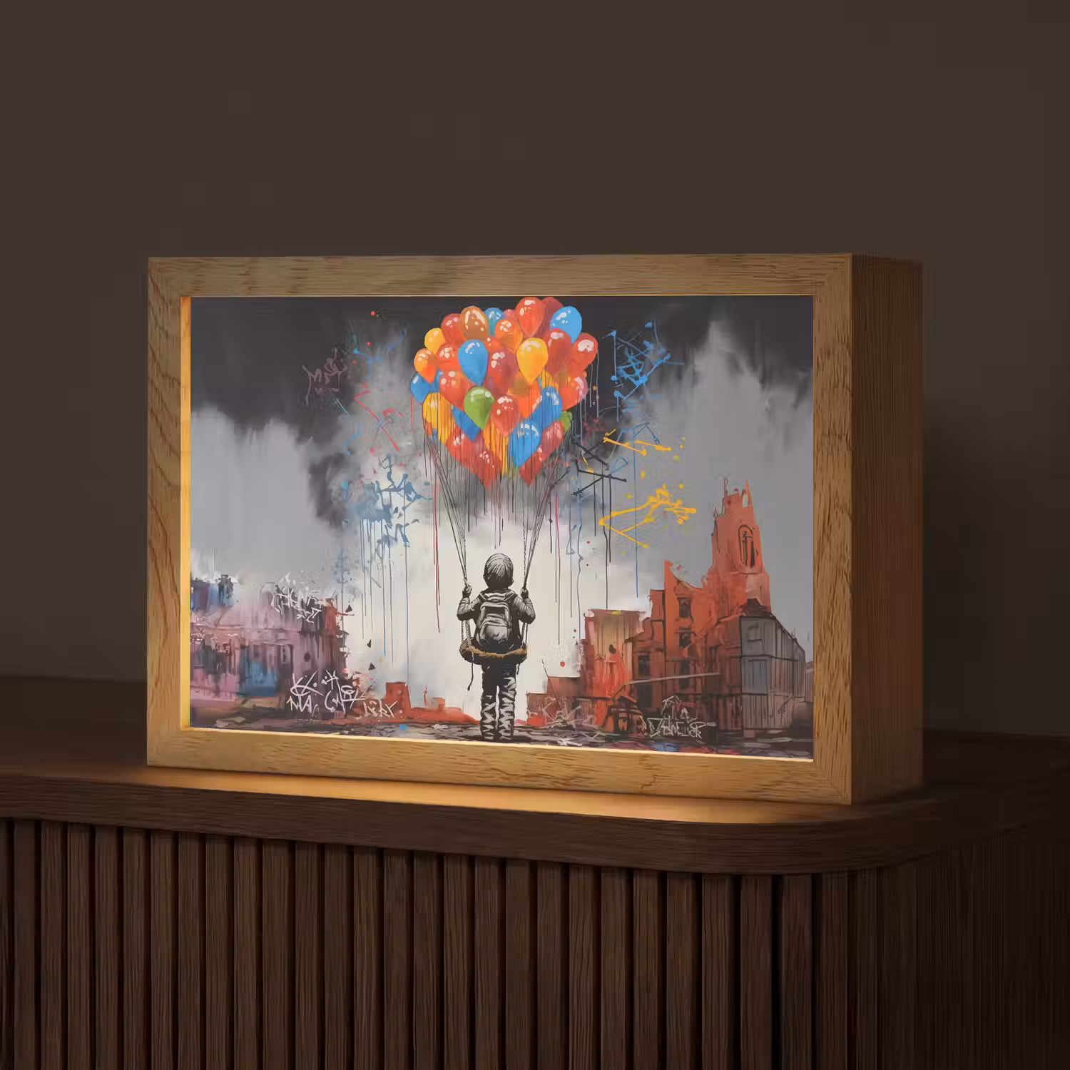 Jongen - Ballonnen - Gebouwen - Kunst Light Box met kabel (Tafellamp) klein -z3d_website