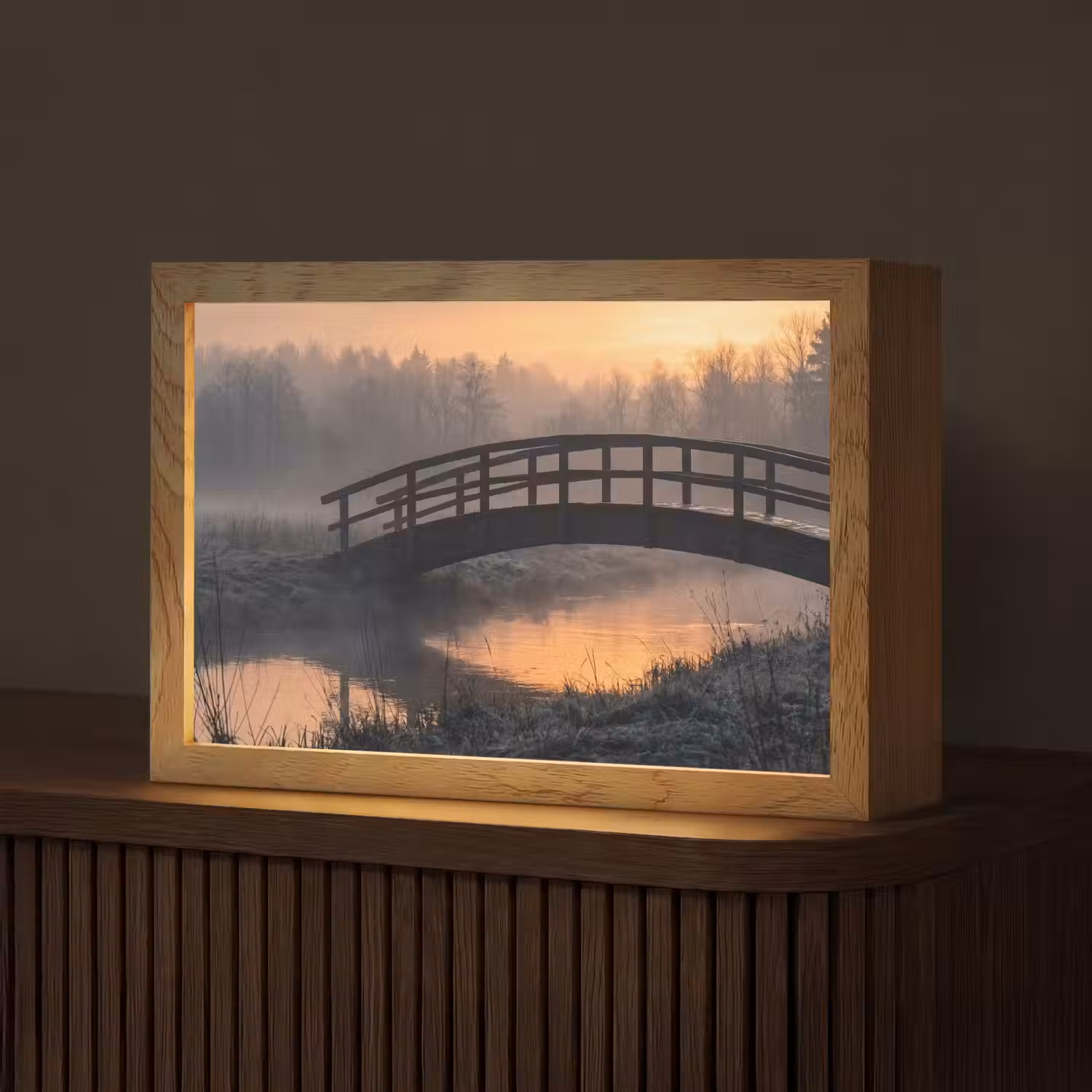Brug - Mist - Bomen - Water Light Box met kabel (Tafellamp) klein -z3d_website