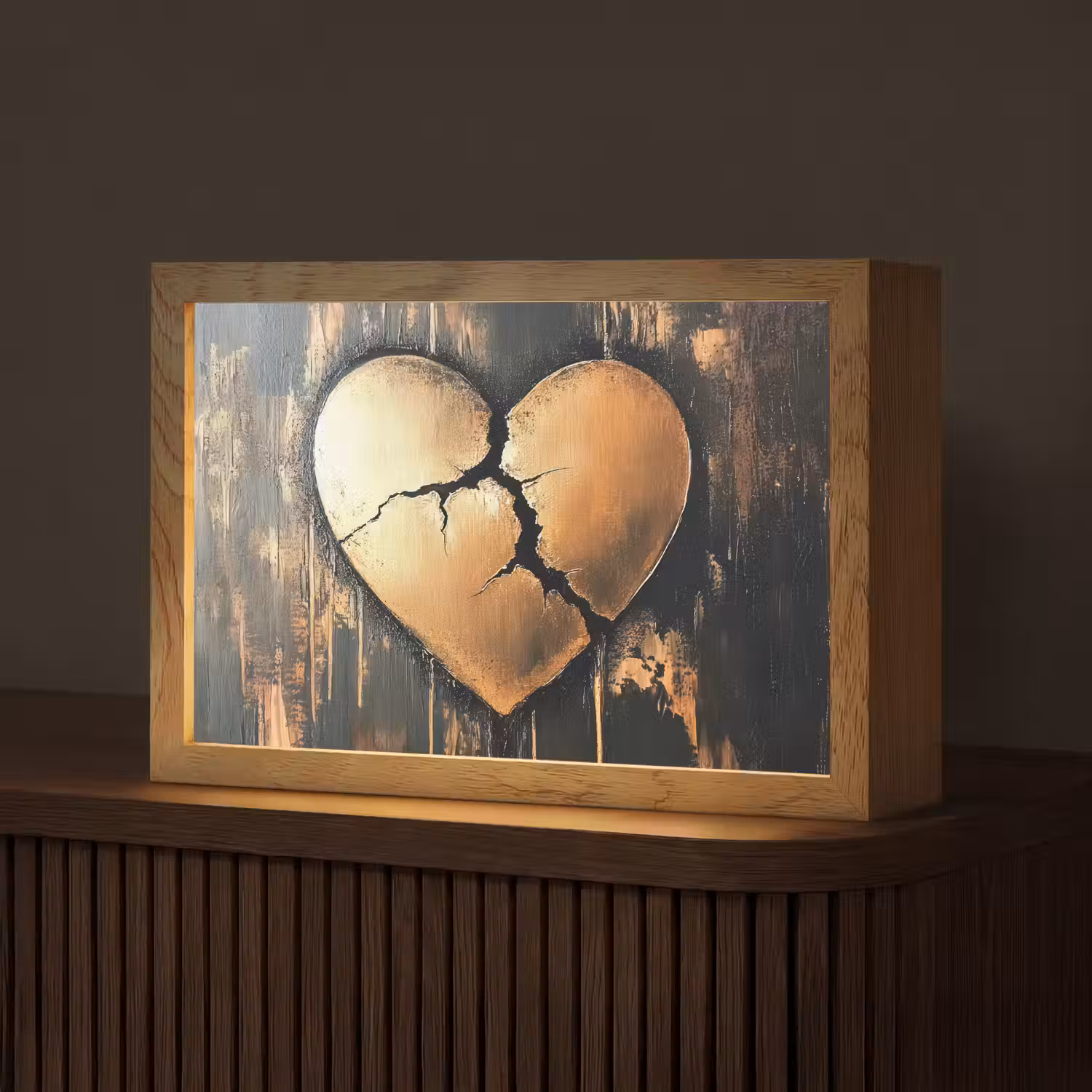 Gebroken hart - Goud - Houtlook - Liefde Light Box met kabel (Tafellamp) klein -z3d_website