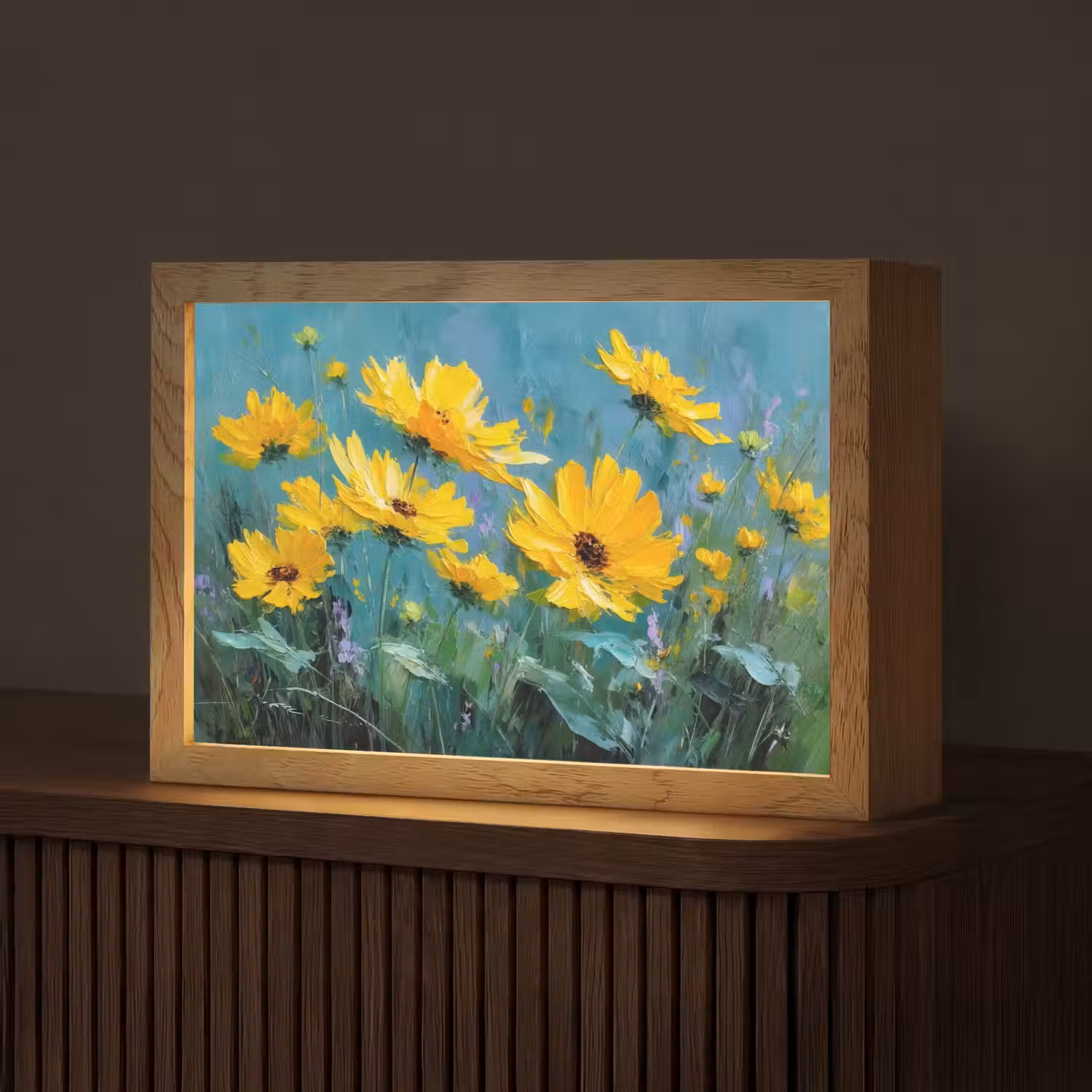 Penseelstreken - Bloemen - Felgeel - Abstract Light Box met kabel (Tafellamp) klein -z3d_website