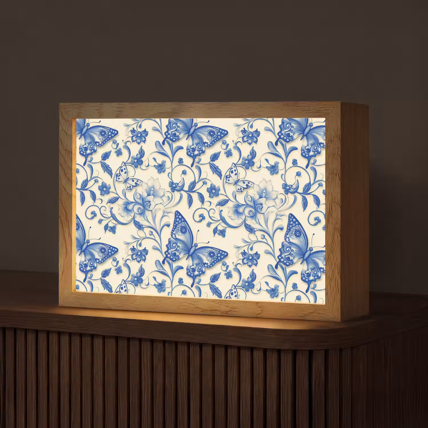 Vlinders - Bloemen - Blauw - Botanisch Light Box met kabel (Tafellamp) klein 924 -z3d_website