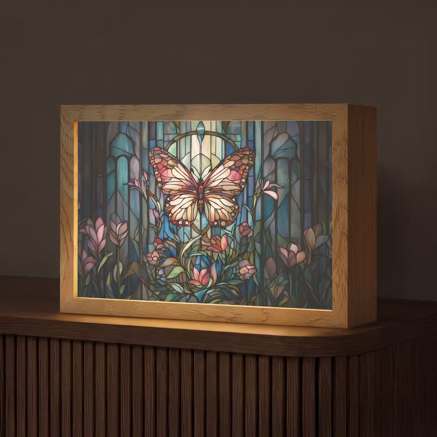 Vlinder - Roze - Bloemen - Bladeren Light Box met kabel (Tafellamp) klein -z3d_website