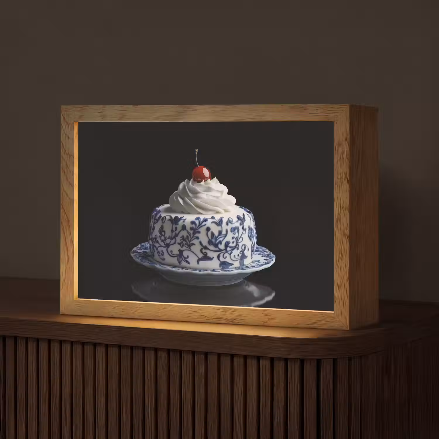 Taart - Slagroom - Kers - Bord - Delfts blauw Light Box met kabel (Tafellamp) klein -z3d_website