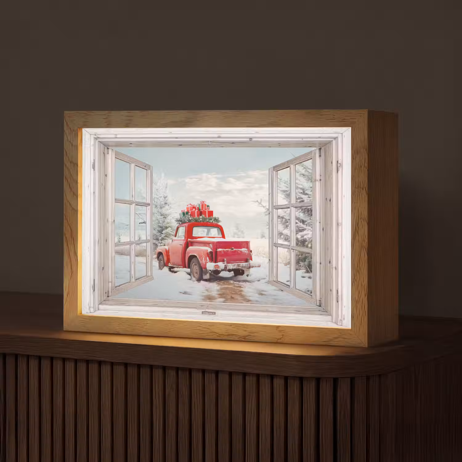 Auto - Rood - Cadeaus - Winter - Kerst - Doorkijk - Wit Light Box met kabel (Tafellamp) klein -z3d_website