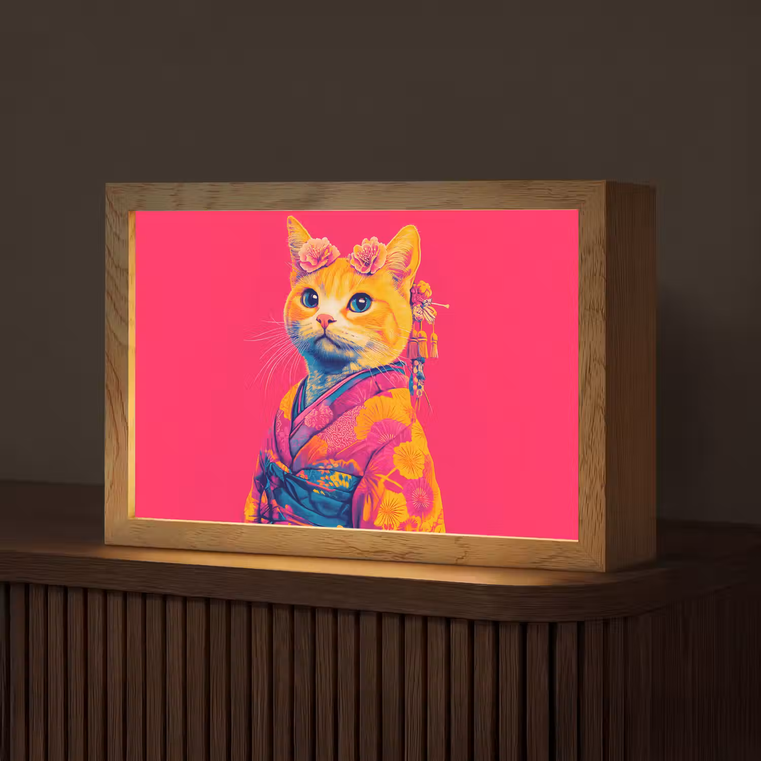 Kat - Kimono - Bloemen - Roze Light Box met kabel (Tafellamp) klein -z3d_website