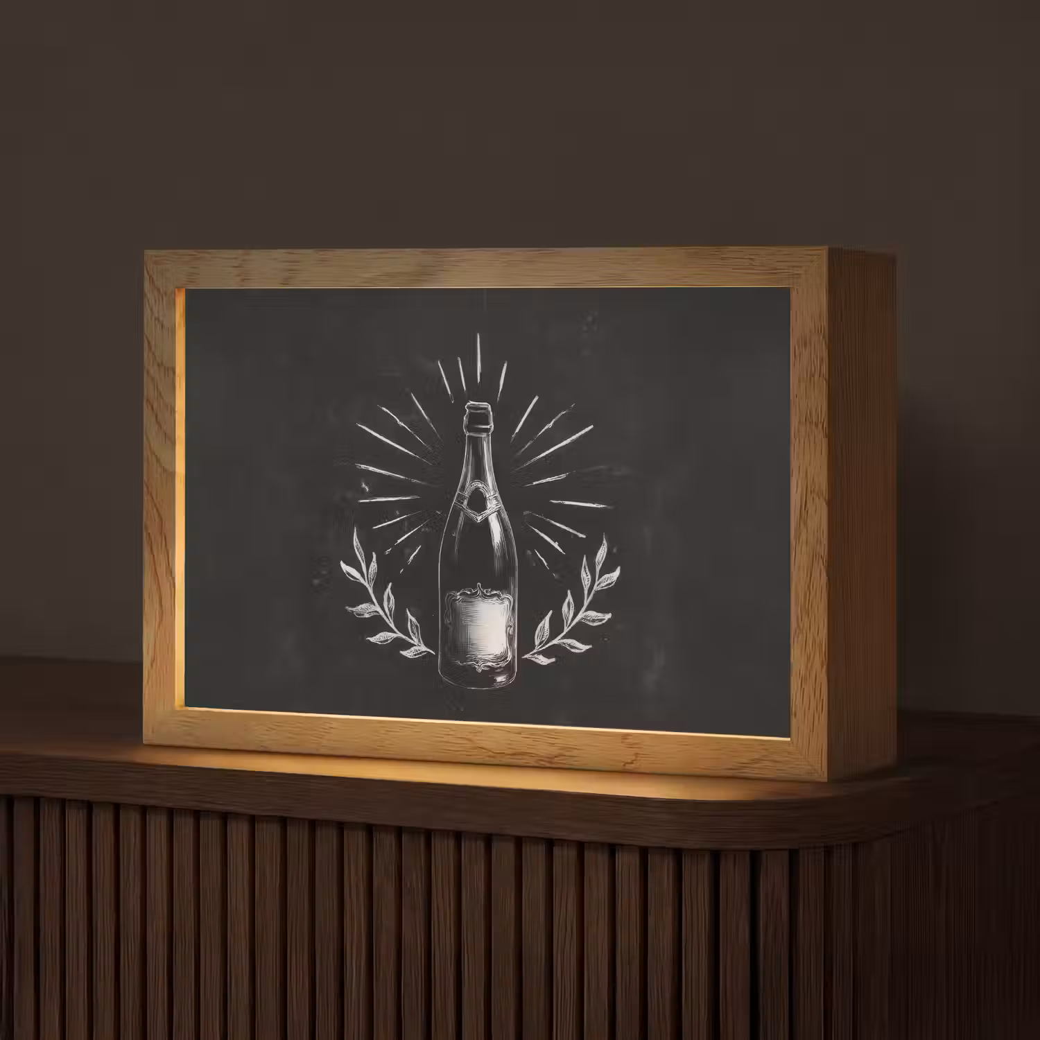 Champagnefles - Lauriertakken - Zwarte achtergrond Light Box met kabel (Tafellamp) klein -z3d_website