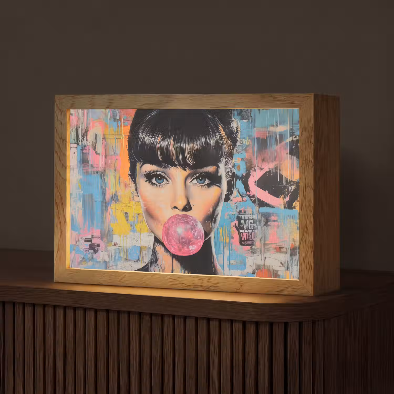 Kauwgom - Vrouw - Penseelstreken - Modern Light Box met kabel (Tafellamp) klein -z3d_website