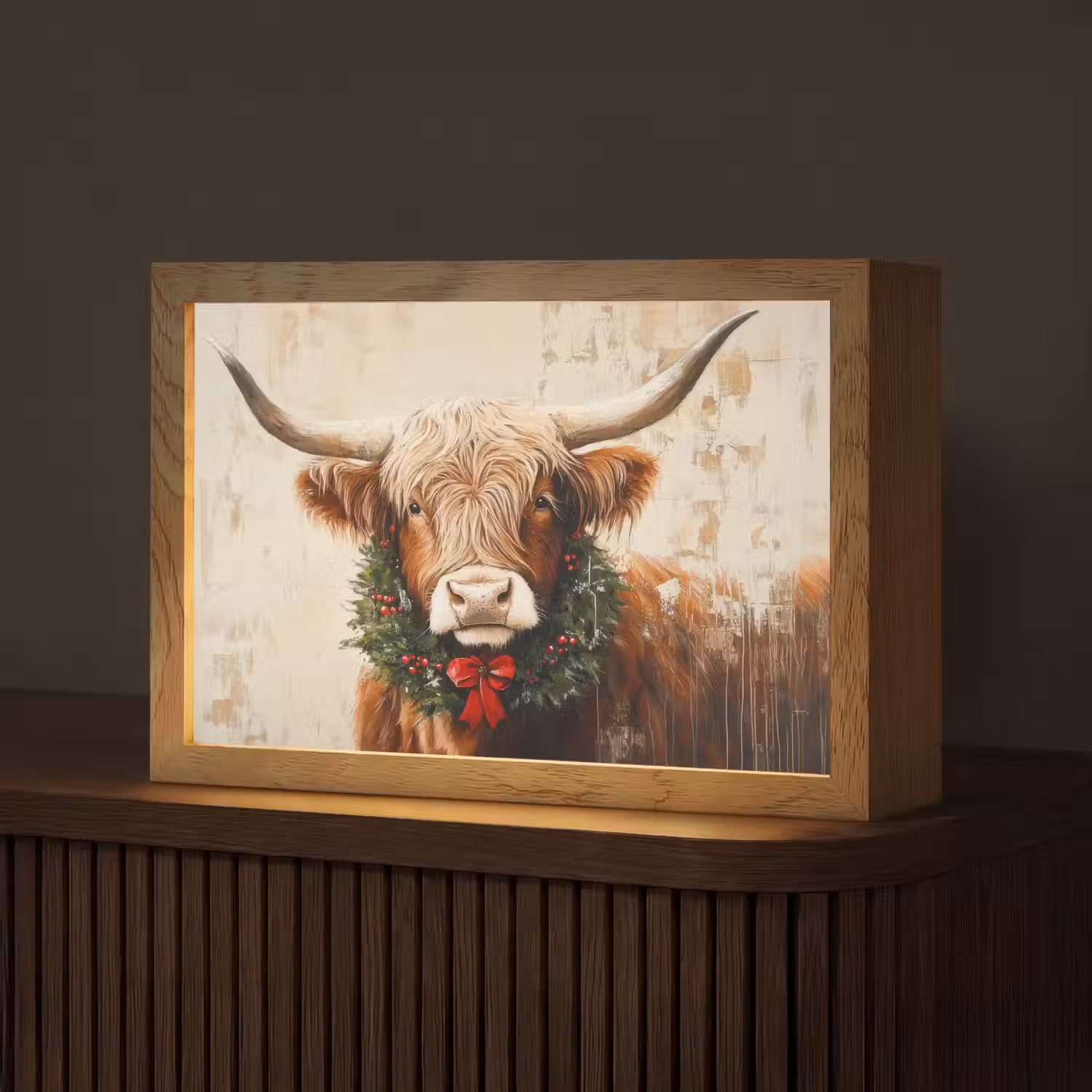Kerst - Schotse Hooglander - Bruin - Krans Light Box met kabel (Tafellamp) klein -z3d_website