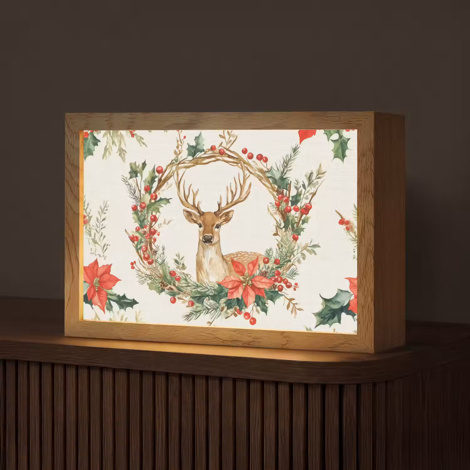 Kerstkrans - Hert - Hulst - Rood Light Box met kabel (Tafellamp) klein -z3d_website