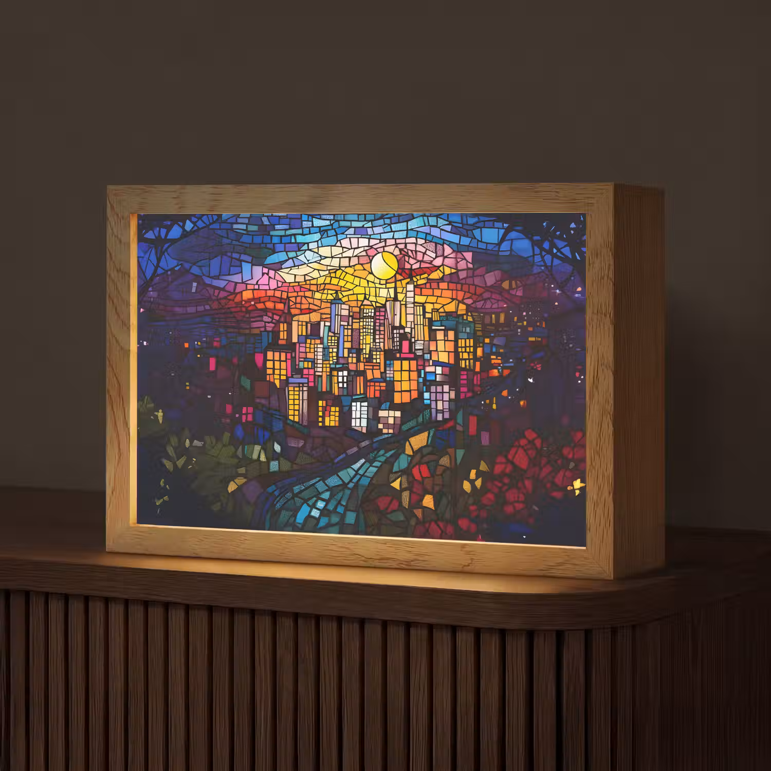 Stad - Maan - Mozaïek - Kleurrijk Light Box met kabel (Tafellamp) klein -z3d_website